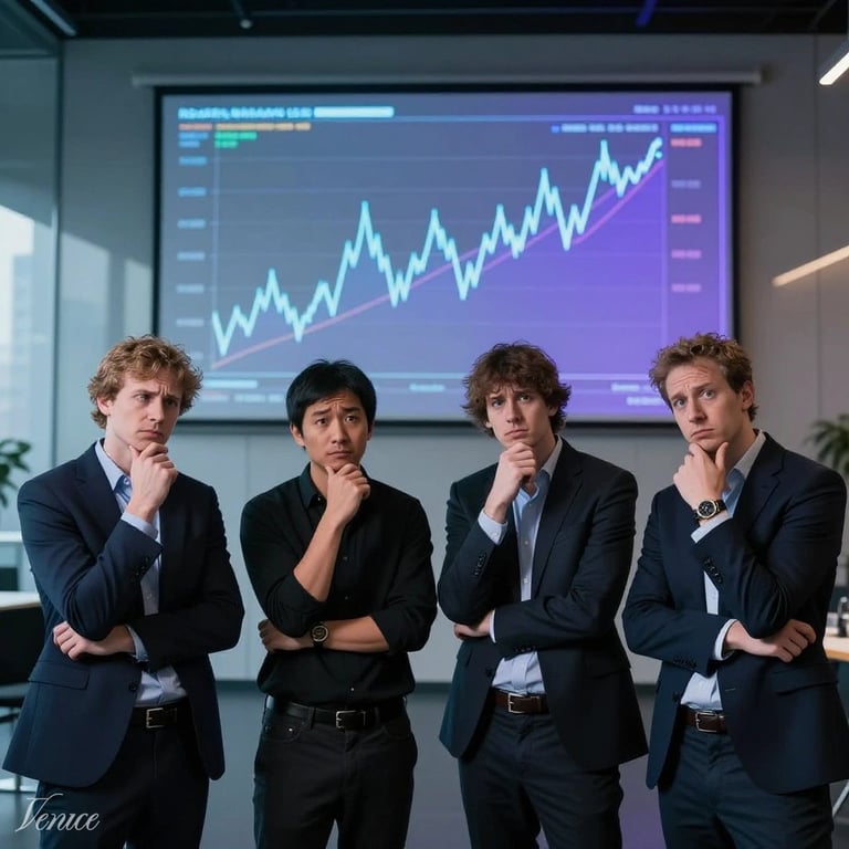 Four businessmen in suits stand thoughtfully with hands near faces in front of a stock market chart display