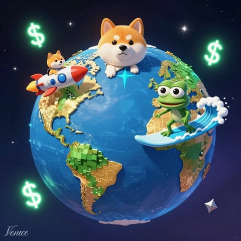 Shiba Inu dog surrounded by rocket, smaller dog, frog, and coins on pixelated Earth globe against starry background